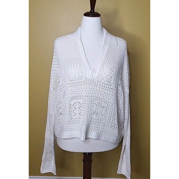 ELAN Crochet Patches Womens Large V Neck Sweater Off White Collared Cream Knit - Picture 1 of 9